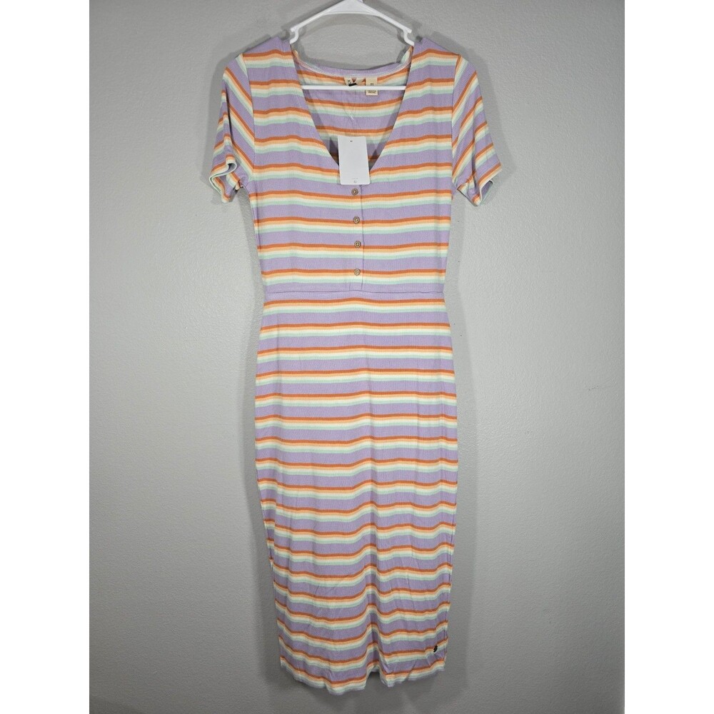 Roxy Size Small Bring It On Striped Dress Y2K Style Buttoned Midi Ribbed NWT BX